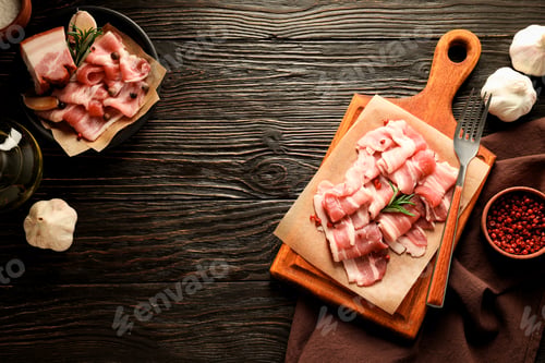 Preview: Meat food and tasty food concept - delicious bacon