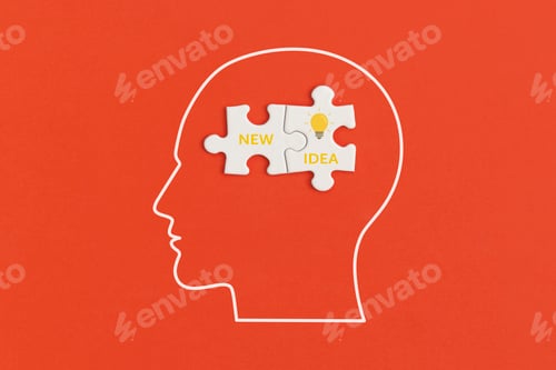 Preview: White details of puzzle on red background. Inspiration and creative idea concept.