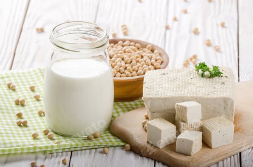 Preview: Non-dairy alternatives Soy milk or yogurt in mason jar and tofu