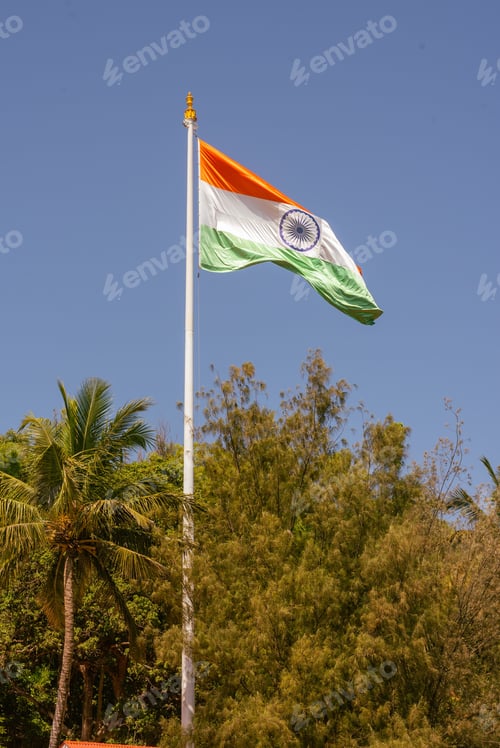 Preview: Vertical shot of a waving Indian flag on a pole in a park