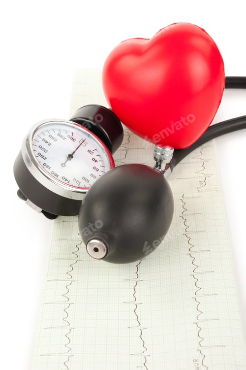 Preview: Black tonometer and heart, cardiogram