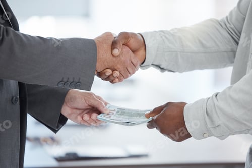 Preview: Handshake, money and crime with a business man taking a bribe in the office for a deal or agreement