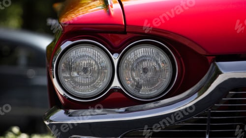 Preview: Closeup of a red Ford Thunderbird car silver headlights with blurred background