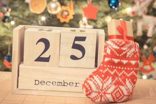 Preview: Date 25 December on calendar, gift in sock and christmas tree with decoration