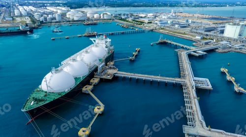 Preview: LNG (Liquified Natural Gas) tanker anchored in Gas terminal gas tanks for storage. Oil Crude Gas