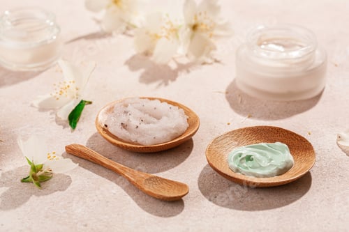 Vista previa: skincare products and jasmine flowers. natural cosmetics for home spa treatment