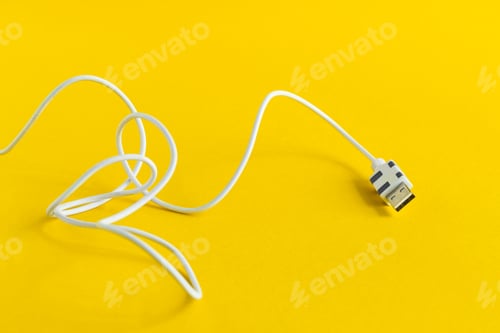 Preview: white USB Micro cable isolated on yellow background,technology, power, cord, charger