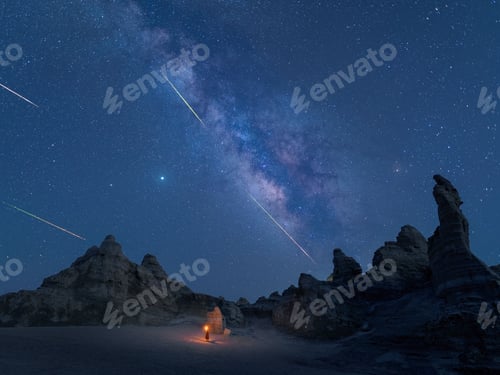 Preview: the milky shines brightly in the sky behind two desert rocks