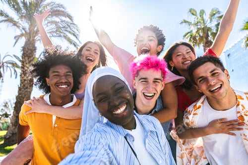Preview: Multiethnic group of young happy friends hanging out