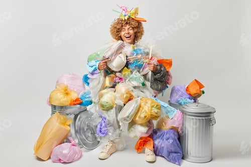 Preview: Joyful curly haired active volunteer takes care of environmental protection surrounded by pile of pl