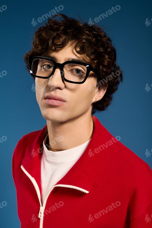 Preview: Stylish young man with curly hair showcases modern fashion against a vibrant blue backdrop