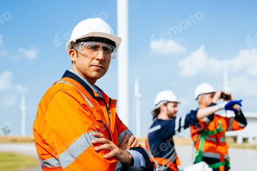 Preview: Professional engineers technicians working at wind turbine farm field