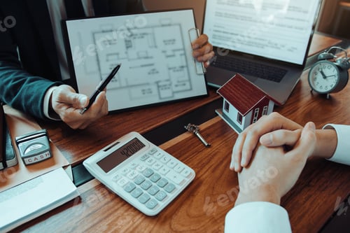 Preview: Agents are using pens pointing to blueprint home design and are being explained
