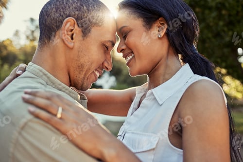 Preview: Hug, love and couple in a park on a holiday in Morocco for marriage, care and freedom together. Hap