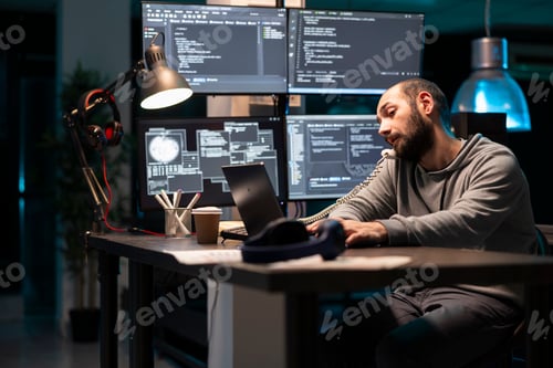 Preview: Caucasian male developer talking on landline phone and typing on laptop