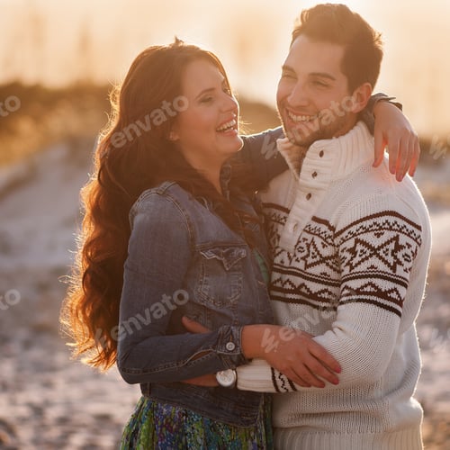 Affectionate Couple Embrace with Joy at Sunset