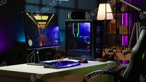 Preview: Singleplayer videogame on desktop pc display on desk late at night