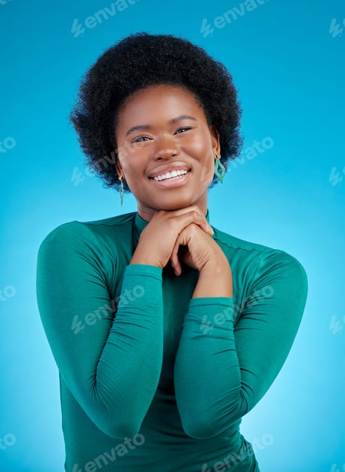 Preview: Smile, portrait and fashion with black girl and hands in studio background with positive mindset or