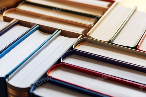 Preview: Background of hardbound books arranged in stacks in bookstore, selective focus