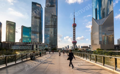 Preview: Pudong skyline with Oriental Pearl Tower from elevated walkway, Shanghai, China