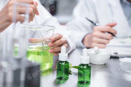 Preview: medicine chemical research with organic nature herbal plant in laboratory, cosmetic extract liquid