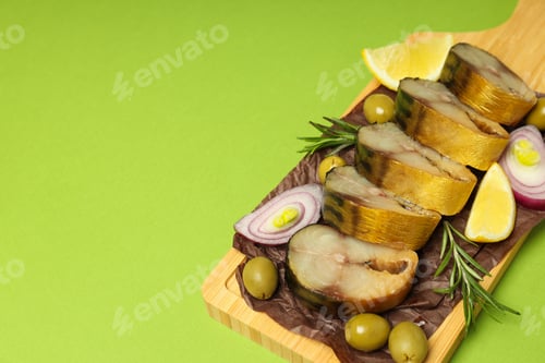 Preview: Concept of tasty food with smoked mackerel, space for text