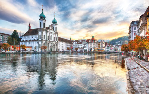 Preview: Amazing historic city center of Lucerne with famous buildings and lake Jesuitenkirche Church.