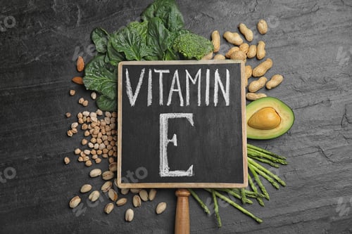 Preview: Small chalkboard with phrase Vitamin E and different products on dark background, flat lay