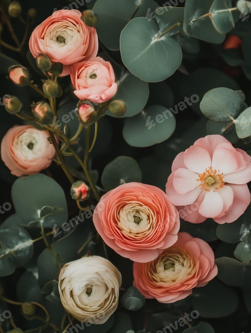 Preview: Bouquet of blooming ranunculus and eucalyptus