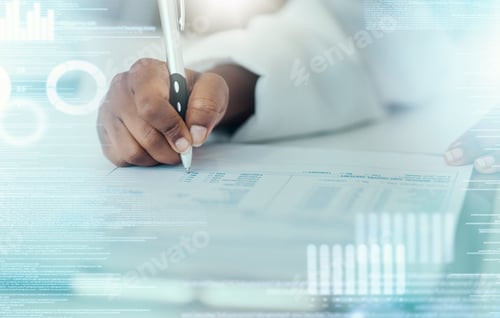 Preview: Medical survey, data and hands of person writing answer, clinic questionnaire and reading patient f