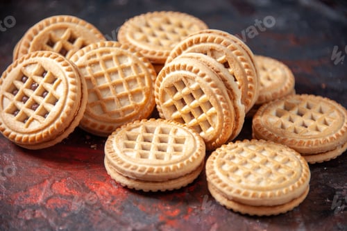Preview: Front close view of tasty sugar cookies on mix colors background with free space