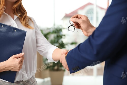 Preview: Real estate agent shaking hands with client in office, closeup