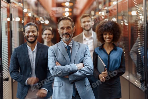Visualização: Group of happy, motivated business people standing together at office with their leader
