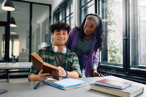 Preview: Happy students learning together at university library.