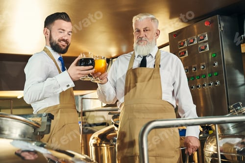 Preview: Cheerful brewers holding glasses with light and dark beer