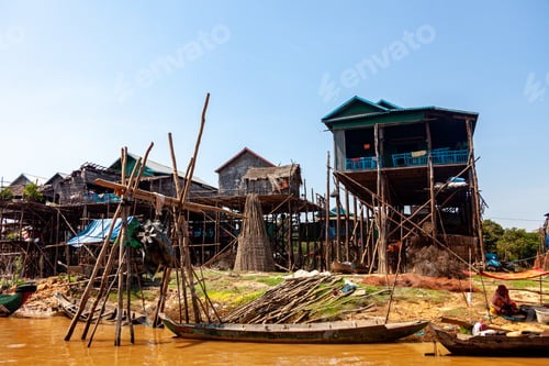 Preview: Kampong Phluk village during drought season. Life, work of residents of Cambodian village on water