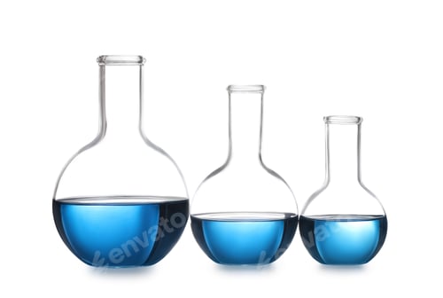 Preview: Florence flasks with blue liquid isolated on white. Laboratory glassware