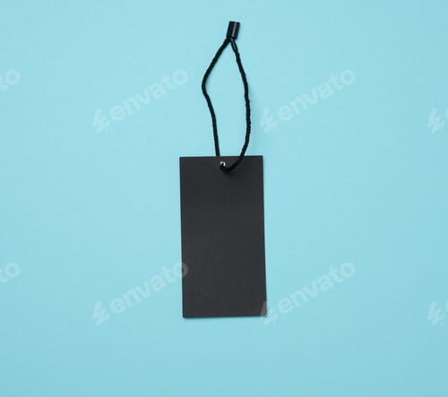 Preview: Empty black cardboard tag on a white rope, blue background.