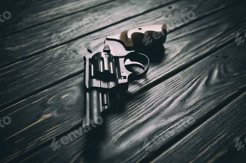 Preview: Revolver pistol on dark wooden background