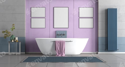 Preview: Colorful bathroom with bathtub against purple wall