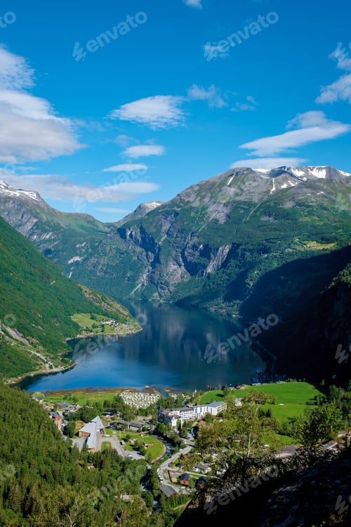 Preview: Norwegian Fjord Village Under a Summer Sky, Geiranger Fjord Norway