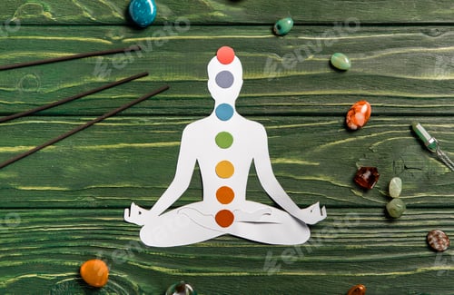 Preview: top view of paper figure in form of person with chakras in lotus pose, aroma sticks and colorful