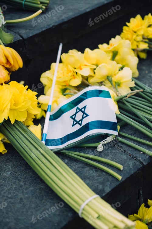 Preview: Israeli flag and yellow daffodils on stone steps, symbolizing Holocaust remembrance and national