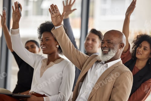Preview: Happy business people, workshop or hands up for participation in seminar for learning skills in off