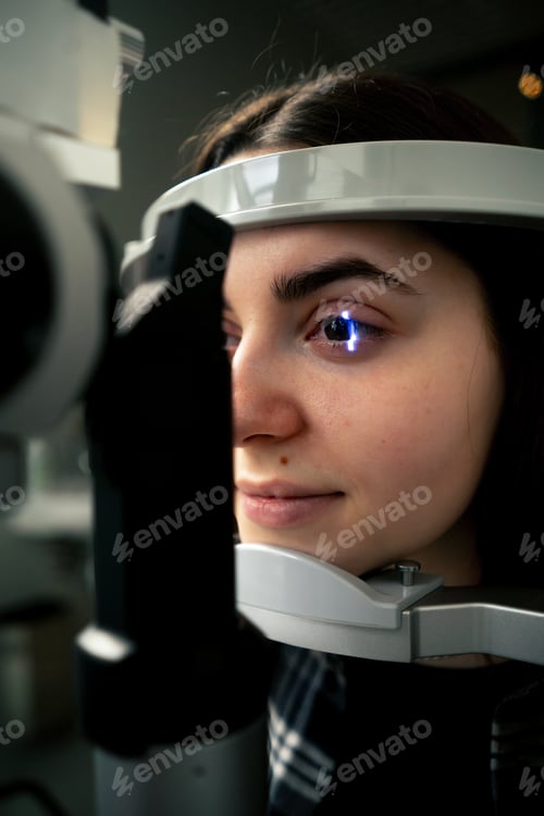 Preview: close up in an ophthalmology clinic young doctor diagnoses a young girl with a magnifying lens
