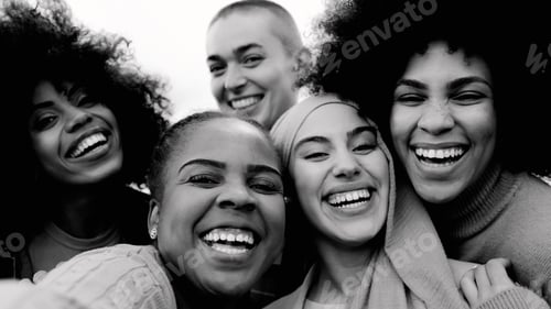Preview: Happy group of multiracial women having fun - People from different ethnicity celebrate - B&W edit