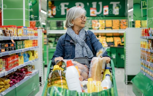 Preview: Senior Smiling Woman with Eyeglasses Pushing a Shopping Cart in the Supermarket Making Purchases