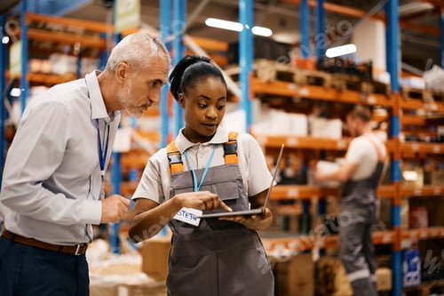 Preview: Black distribution warehouse worker and her foreman using laptop at storage compartment.