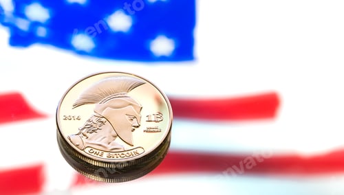 Preview: coin Bitcoin to American flag background, the concept of virtual money