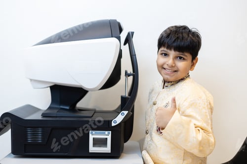 Preview: Happy Indian child boy examining eyesight modern ophthalmology equipment in clinic.